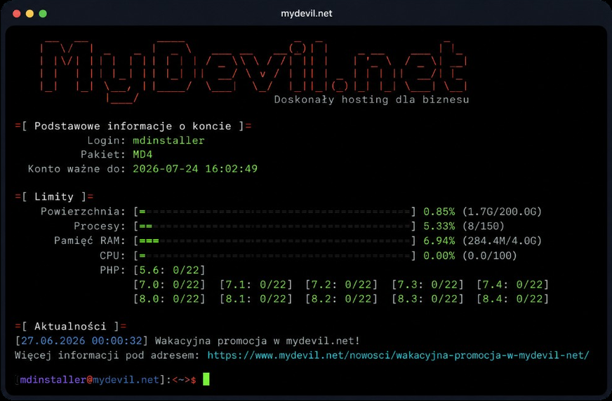 Zrzut ekranu: po zalogowaniu przez SSH widać baner MyDevil.net, limity konta i prompt [login@mydevil.net]